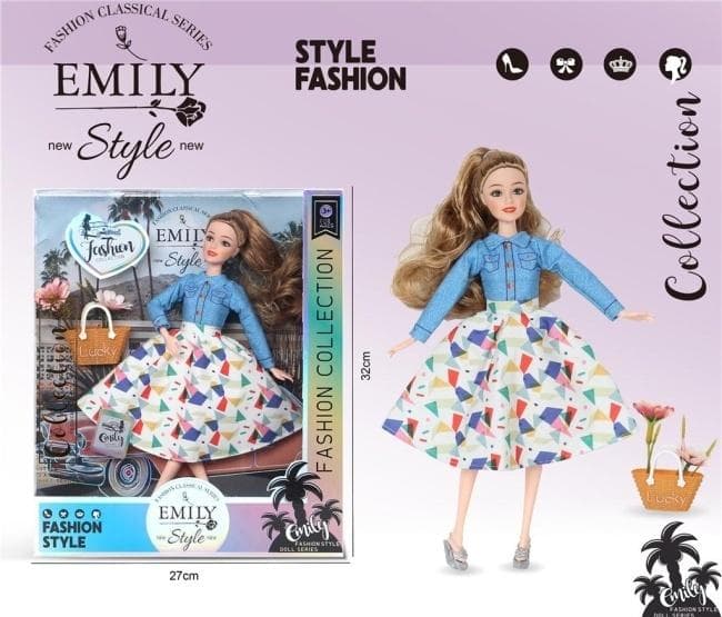 Lalka Emily z dżinsową koszulą i kolorową spódnicą 32 cm