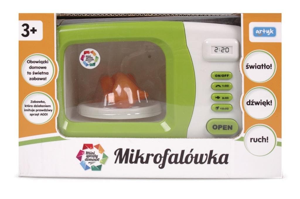 Mikrofalówka z obrotowym talerzem i imitacją jedzenia