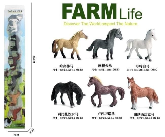 Zestaw 6 figurek koni różnych ras Farm Life 70x436 mm