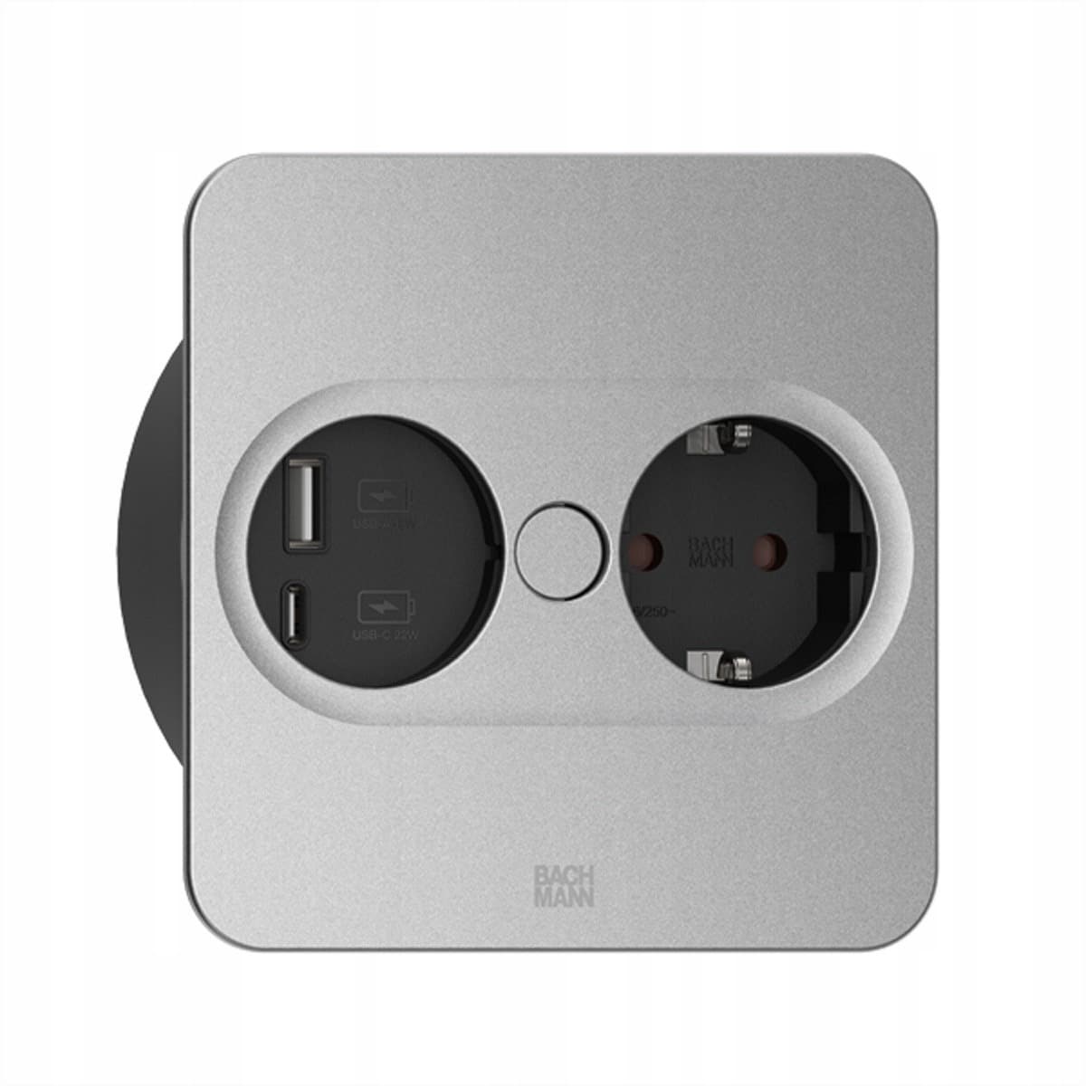 Bachmann TWIST 2 - Gniazdo 1xCEE7/3, 1xUSB A/C 22W, 0,2m, GST18, srebrne, kwadratowe