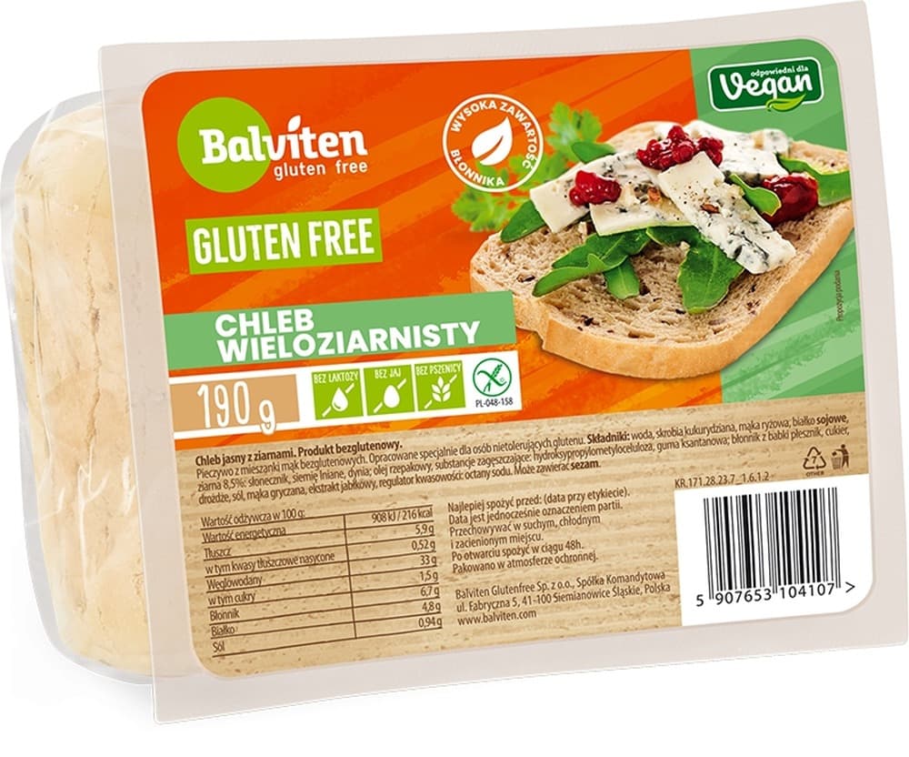 Balviten Chleb jasny z ziarnami 190g. Produkt bezglutenowy