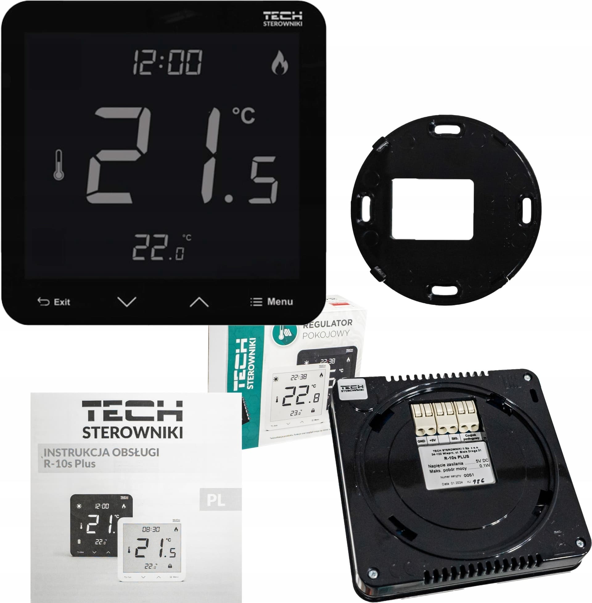 Bezprzewodowy regulator pokojowy czarny R-10S PLUS Tech Sterowniki