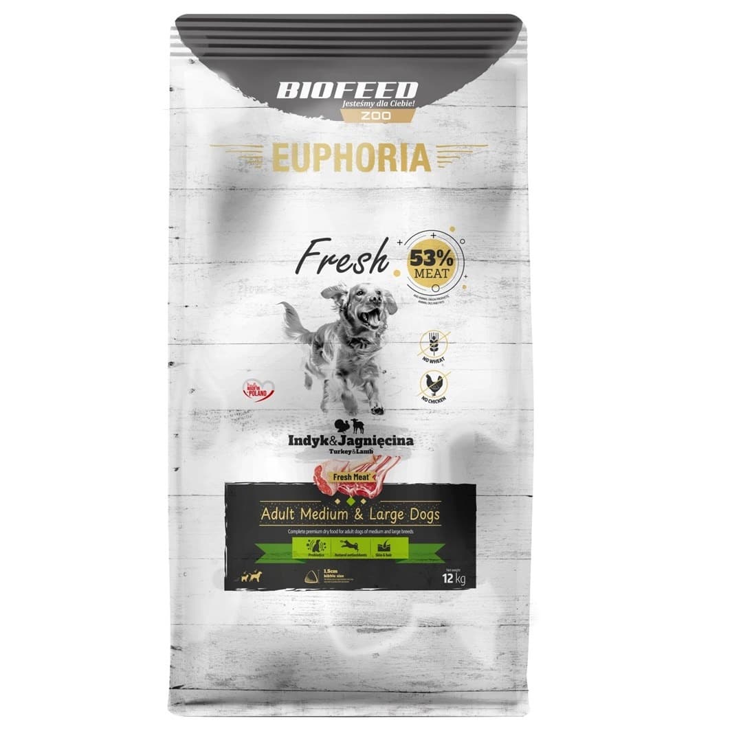 Karma dla psów dorosłych ras średnich i dużych Biofeed Euphoria Fresh Meat Indyk i Jagnięcina 12 kg