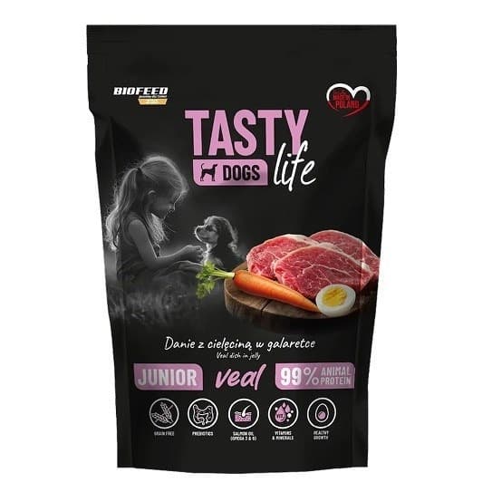 Karma dla szczeniąt Biofeed Tasty Dog Life Junior z cielęciną 90% w saszetce 500g