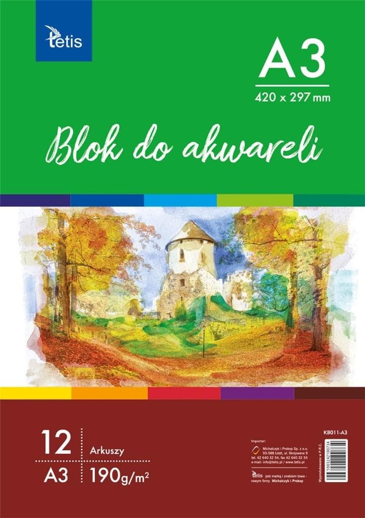 Blok akwarelowy Tetis A3 12 kartek papier Cold Press 190g