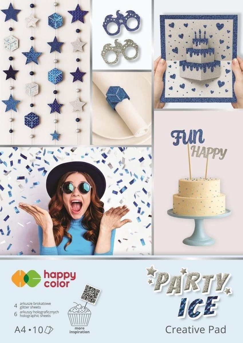 Blok rysunkowy A4 brokatowy holograficzny, 10 arkuszy Party Ice Happy
