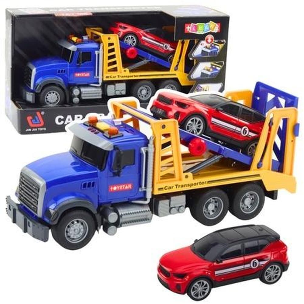 Ciężarówka laweta transporter z autami, światła i dźwięki