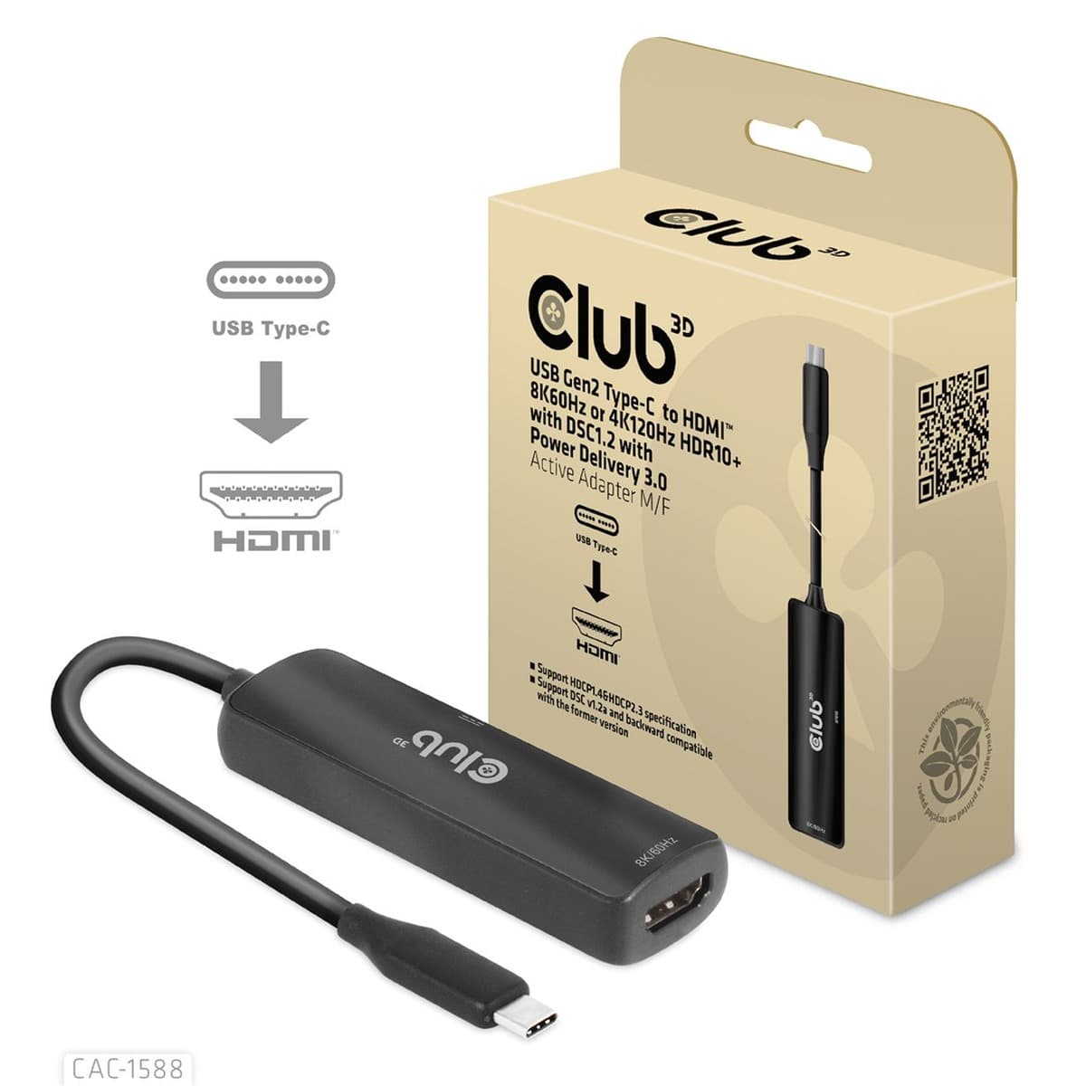 CLUB3D CAC-1588 Adapter USB-C - HDMI 8K60Hz / 4K120Hz HDR10+ PD 3.0, 0.17m, Czarny