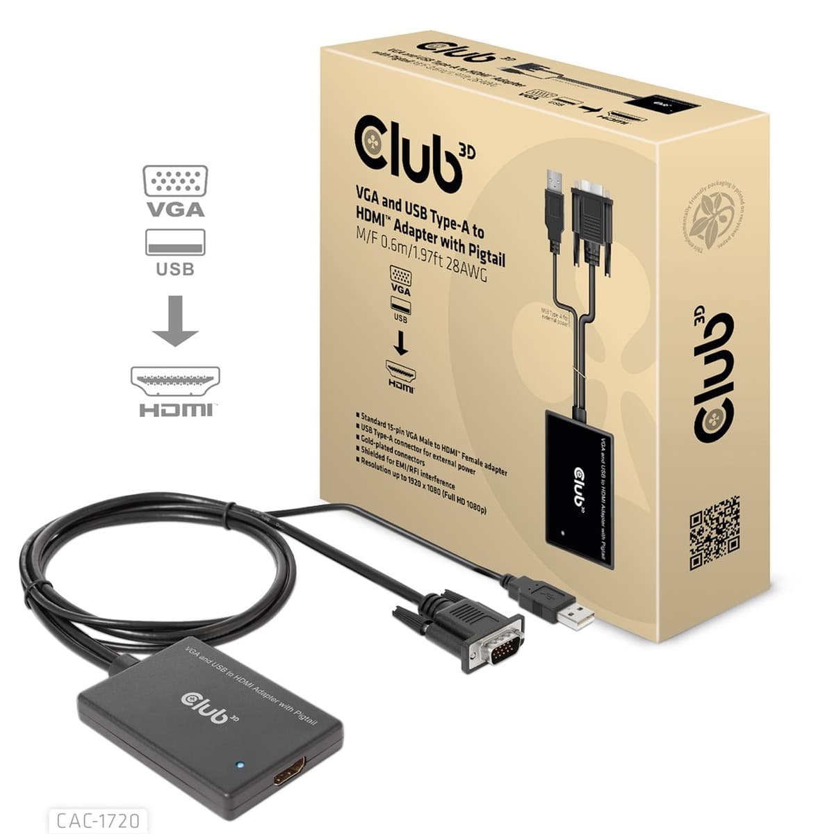 CLUB3D CAC-1720 Adapter HDMI - VGA + USB, 0.6m, Czarny