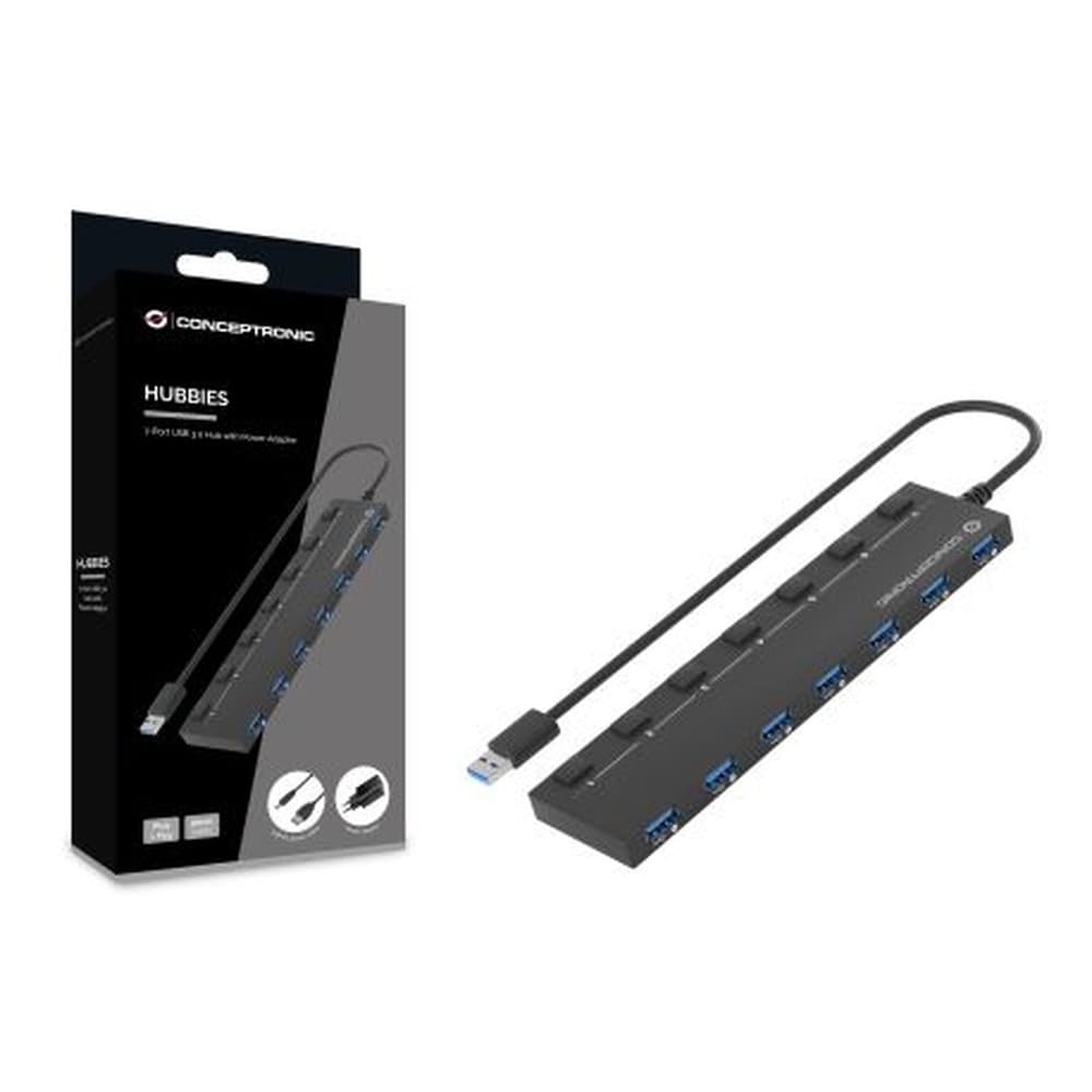 Conceptronic HUBBIES19BP Hub USB 3.2 Gen 1 Type-A 7-portowy 5000 Mbit/s Czarny