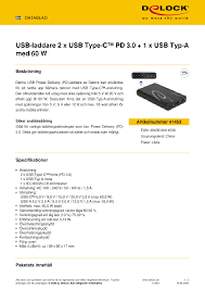 DeLOCK Ładowarka 2 x USB Type-C PD 3.0 + 1 x USB Typ-A 60 W