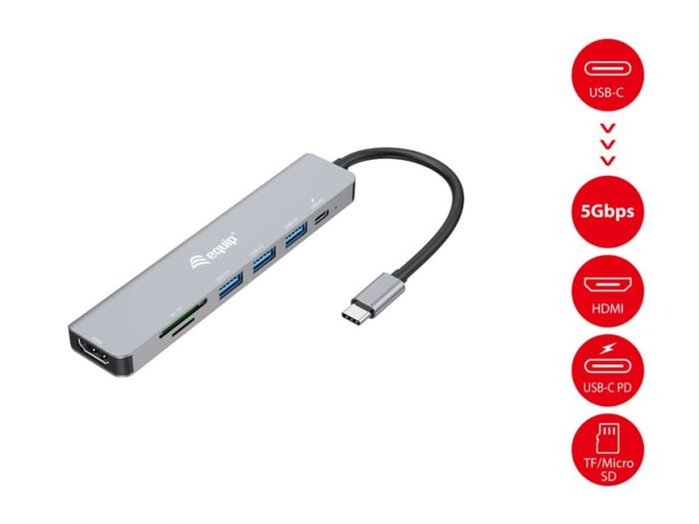 Equip 133494 Stacja Dokująca USB-C 3.2 Gen 1, 4K, 3x USB-A, SDXC, Aluminium, Srebrna