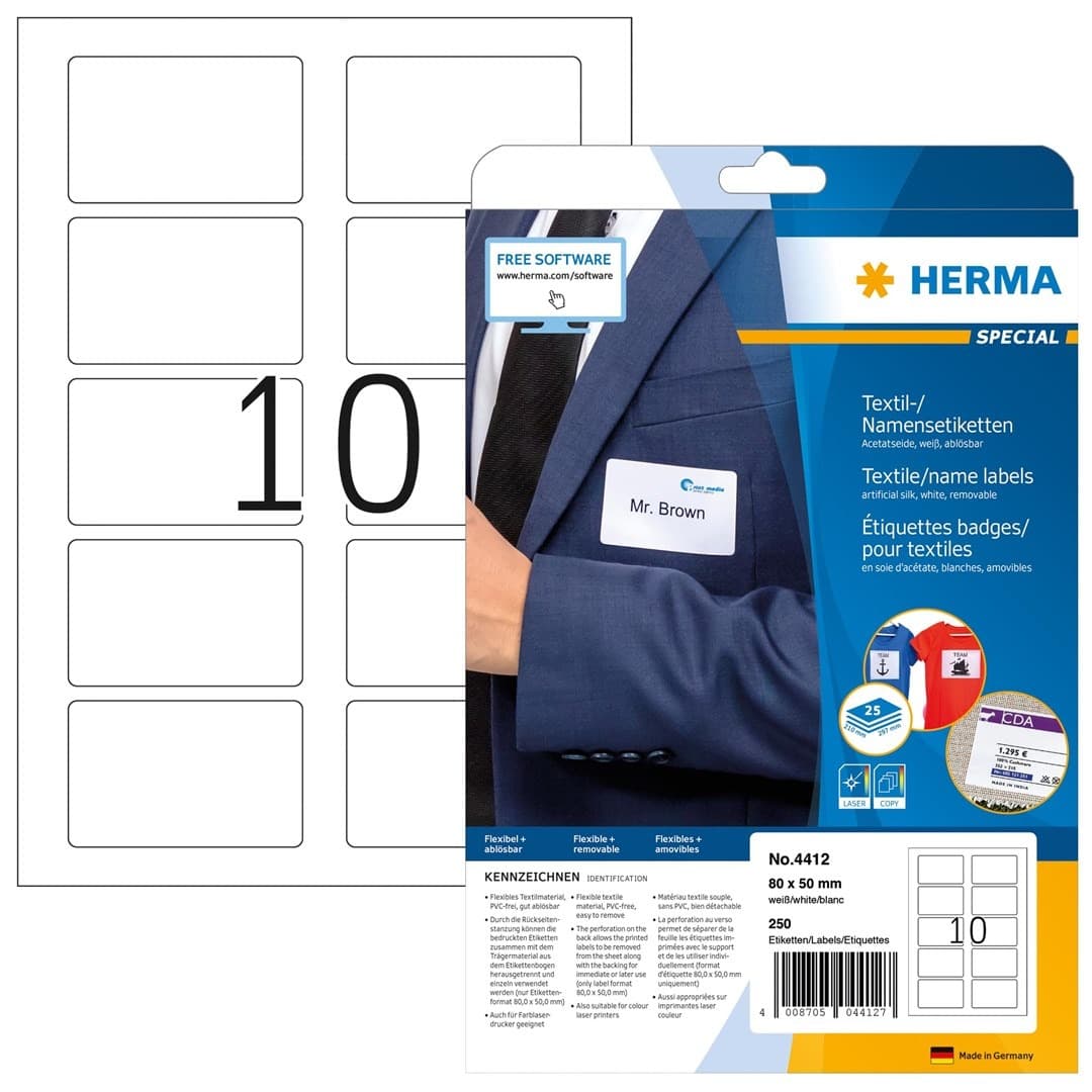 Etykiety imienne HERMA A4 80x50 mm białe samoprzylepne odrywane 250 szt.