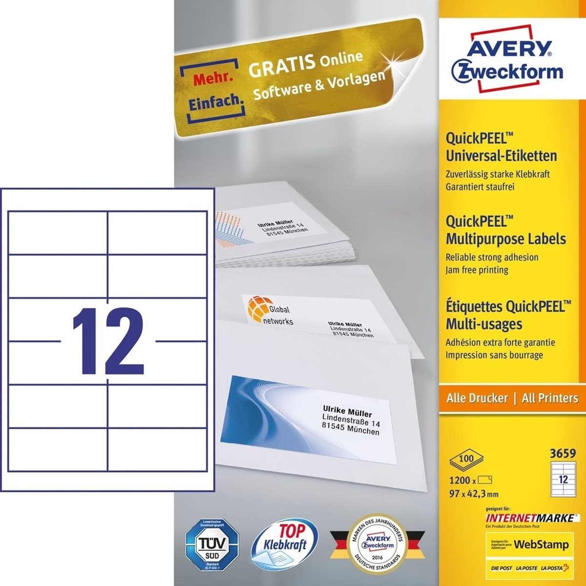 Etykiety samoprzylepne prostokątne białe Avery 3659 na stałe 1200 szt.