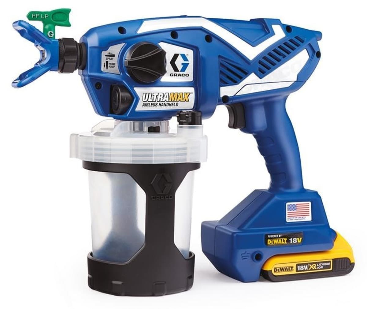 GRACO Pistolet do malowania Ultramax z 2 akumulatorami 2Ah DeWalt, ładowarką i torbą