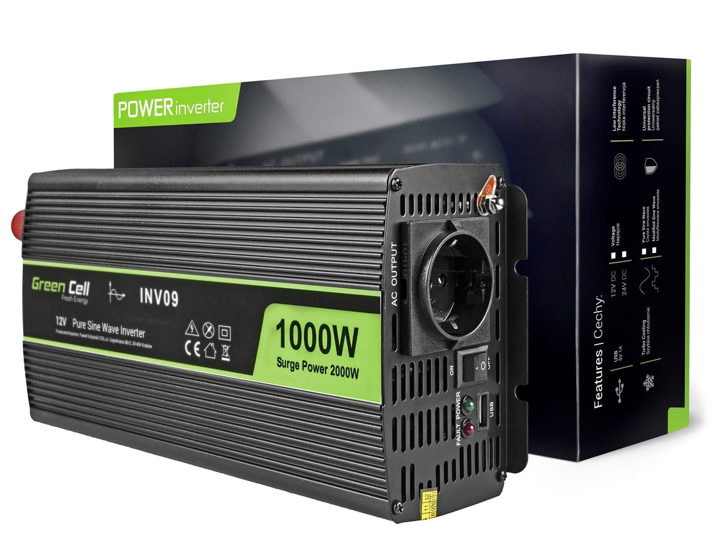 Przetwornica Napięcia Green Cell 12V na 230V 1000W/2000W Czysta Sinusoida INV09