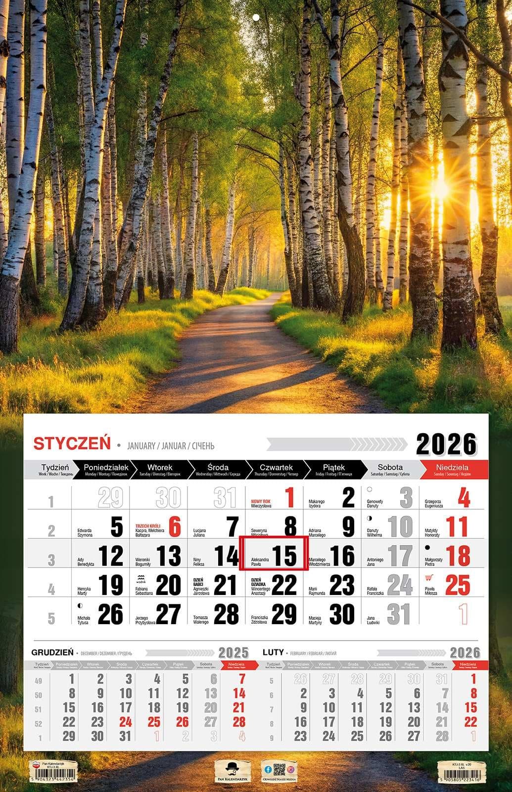 Kalendarz 2026 trójdzielny jednodzielny Las KTJ3 V20