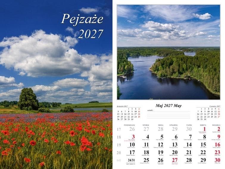 Kalendarz ścienny Pejzaże 2027 Wydawnictwo Radwan 480x320 mm 6 kart spiralowany