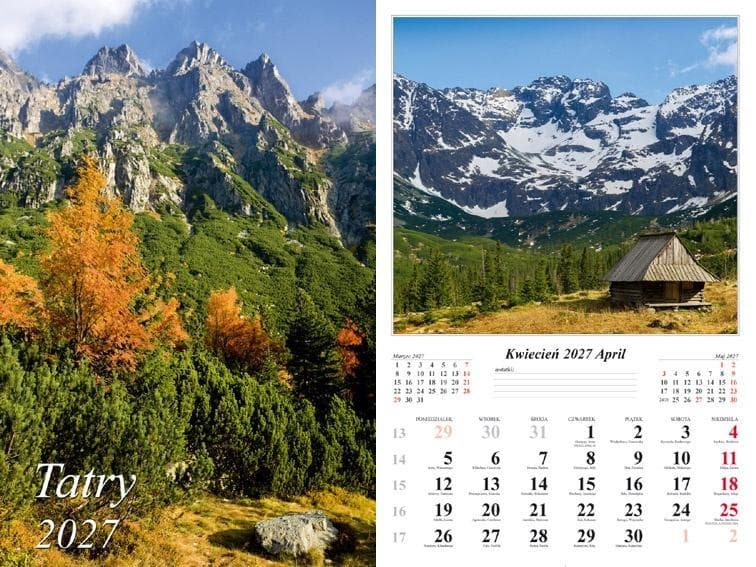 Kalendarz ścienny Tatry 2027 wieloplanszowy 32x48 cm okładka lakierowana UV