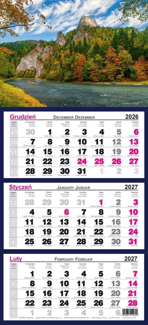 Kalendarz ścienny 2027 trójdzielny Dunajec Radwan 48 x 15 cm