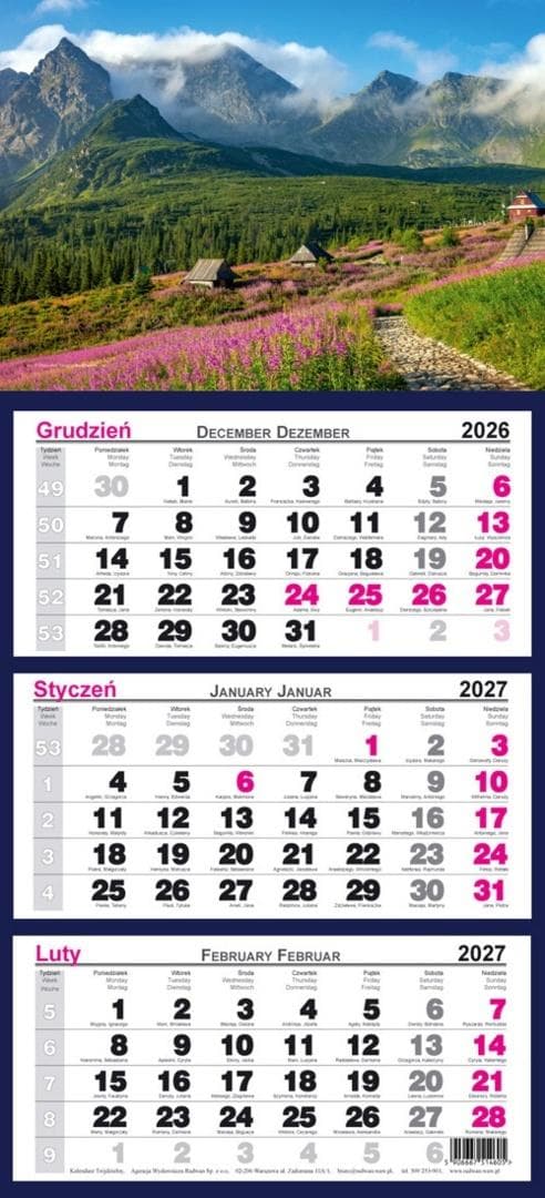 Kalendarz ścienny trójdzielny Tatry 2027 Radwan format 22x28,5 cm