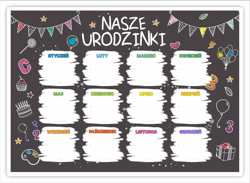 Kalendarz A3 zalaminowany Tablica Kredowa urodzinowy