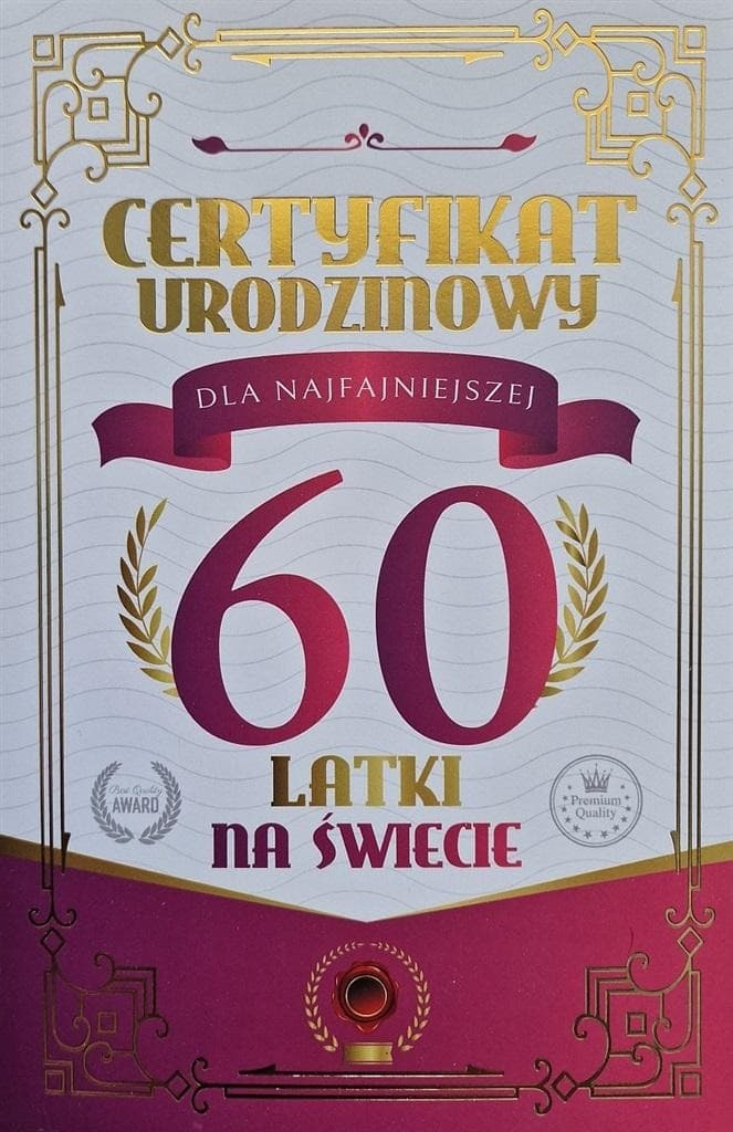 Karnet certyfikat urodzinowy na 60 urodziny dla kobiet