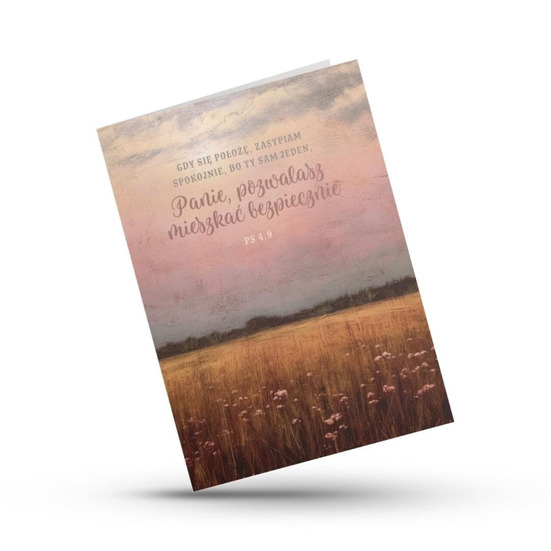 Kartka składana Psalm 4,9 Gdy się położę z kopertą i motywem pola