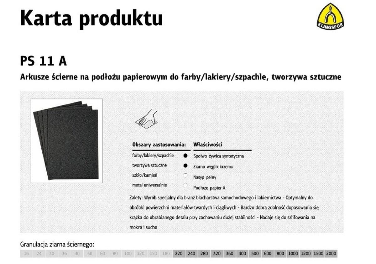 KLINGSPOR PAPIER ŚCIERNY WODNY P2000 PS11A, 50 sztuk