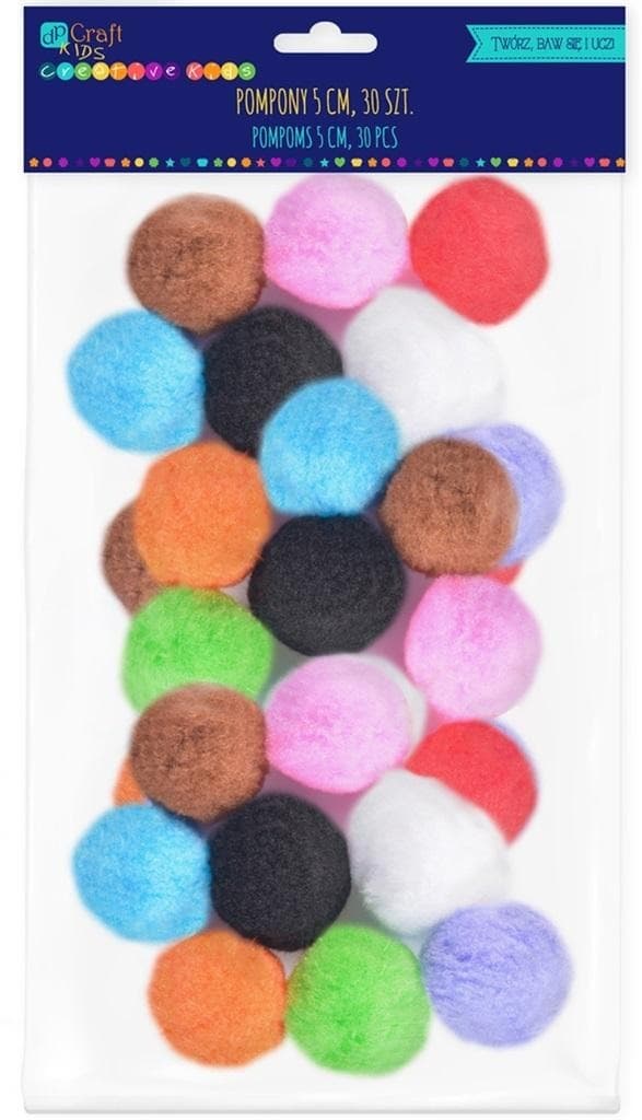 Kolorowe pompony poliestrowe 5 cm, 30 sztuk