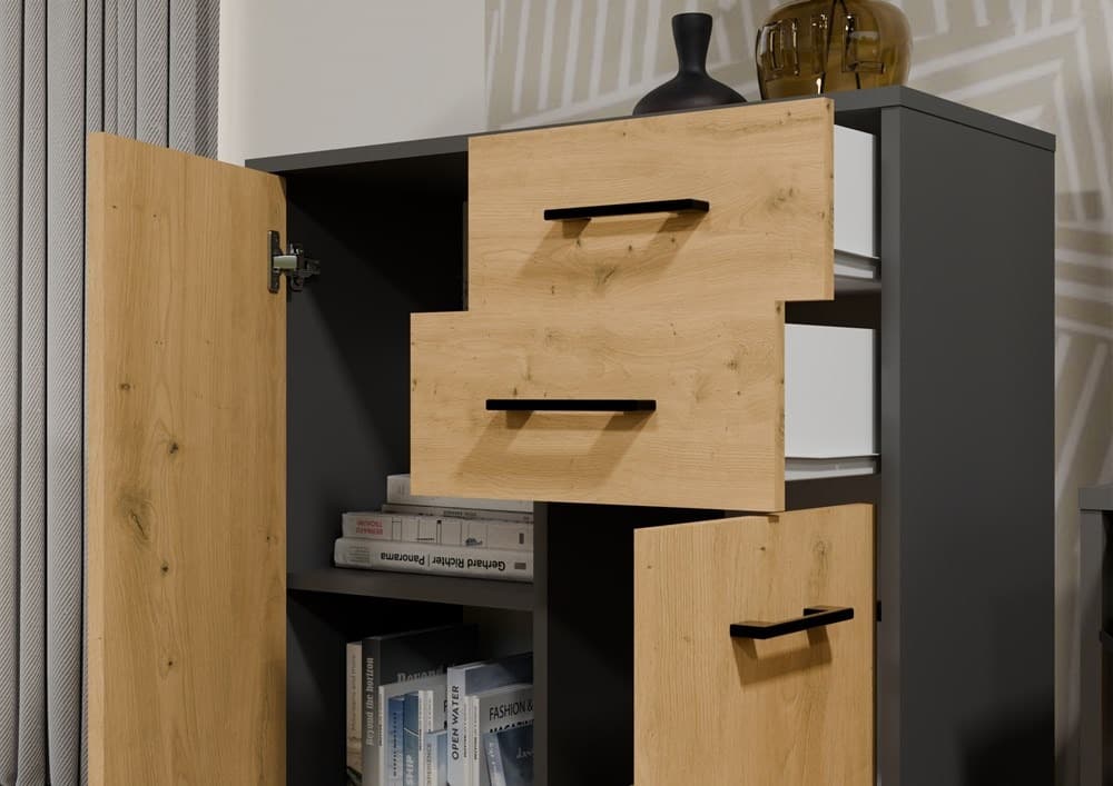 Komoda Simplo 2D2S Antracyt Dąb Artisan Szafka z 2 Szufladami i 2 Drzwiami