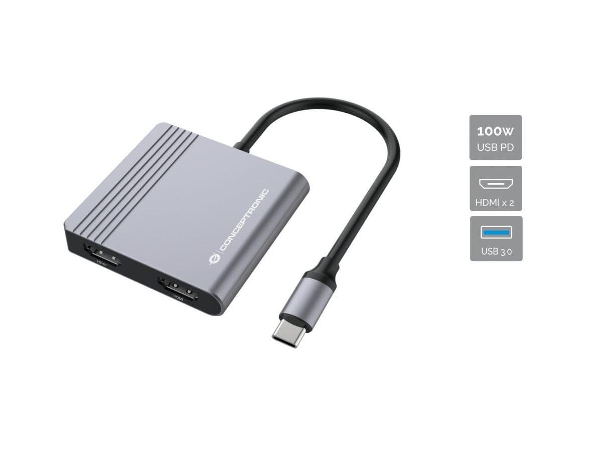 Koncentrator USB-C Conceptronic 4-w-1: 2x HDMI, USB-A, 100W PD, 25cm