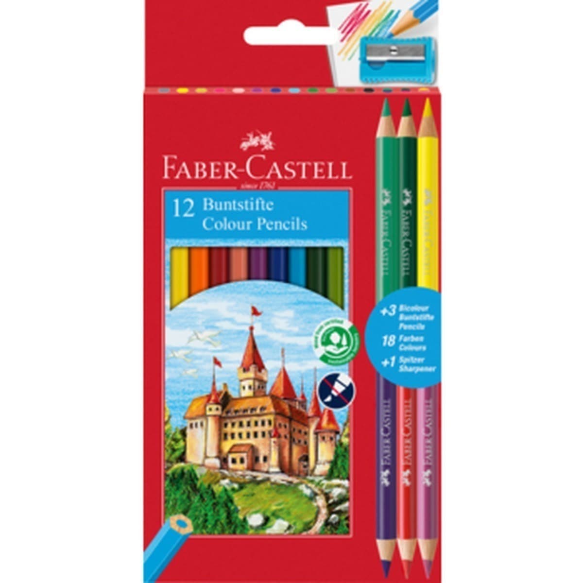 Kredki Faber-Castell ołówkowe 12 kolorów + 3 dwustronne + temperówka