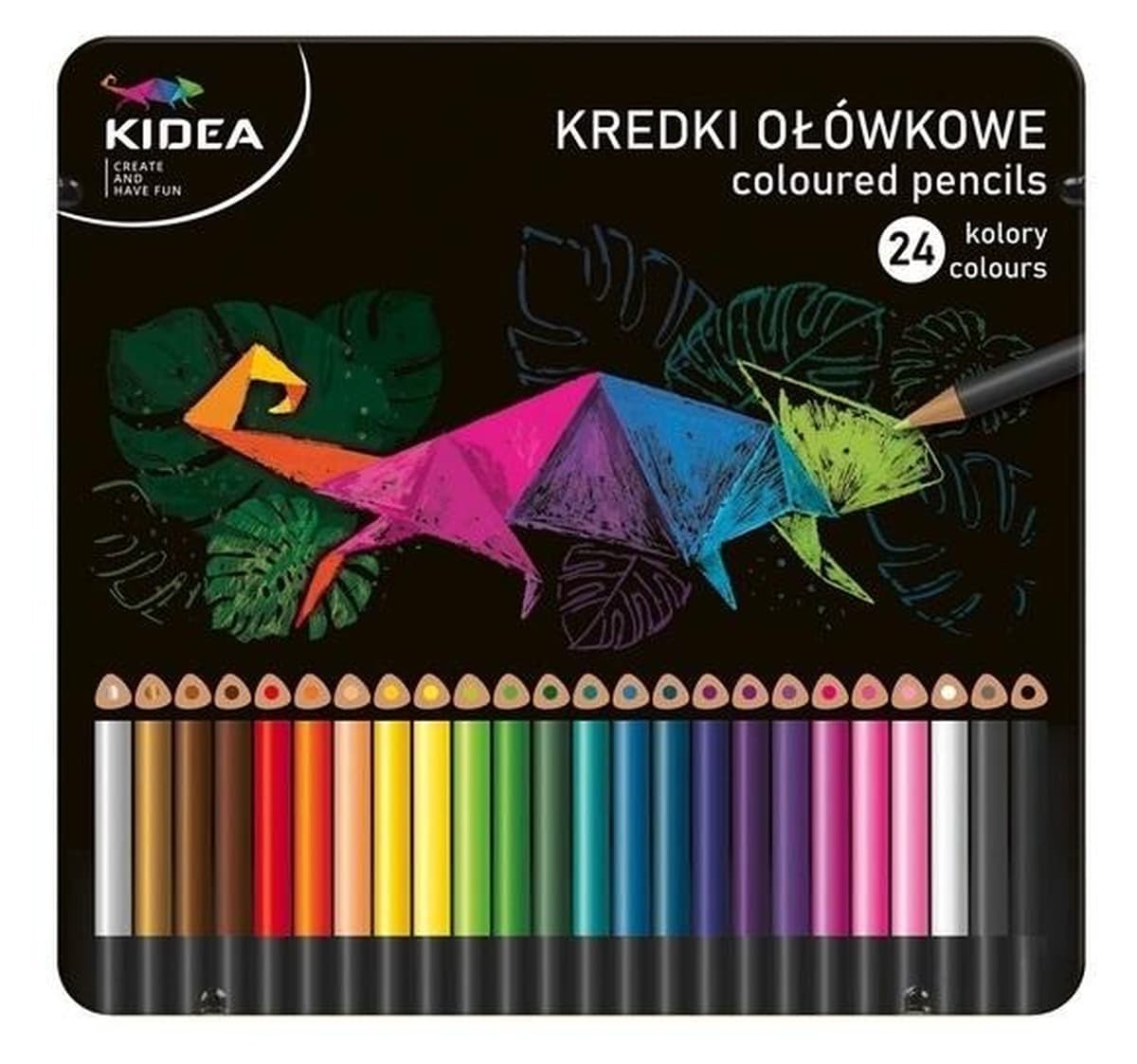 Kredki trójkątne 24 kolory w metalowym pudełku Kidea