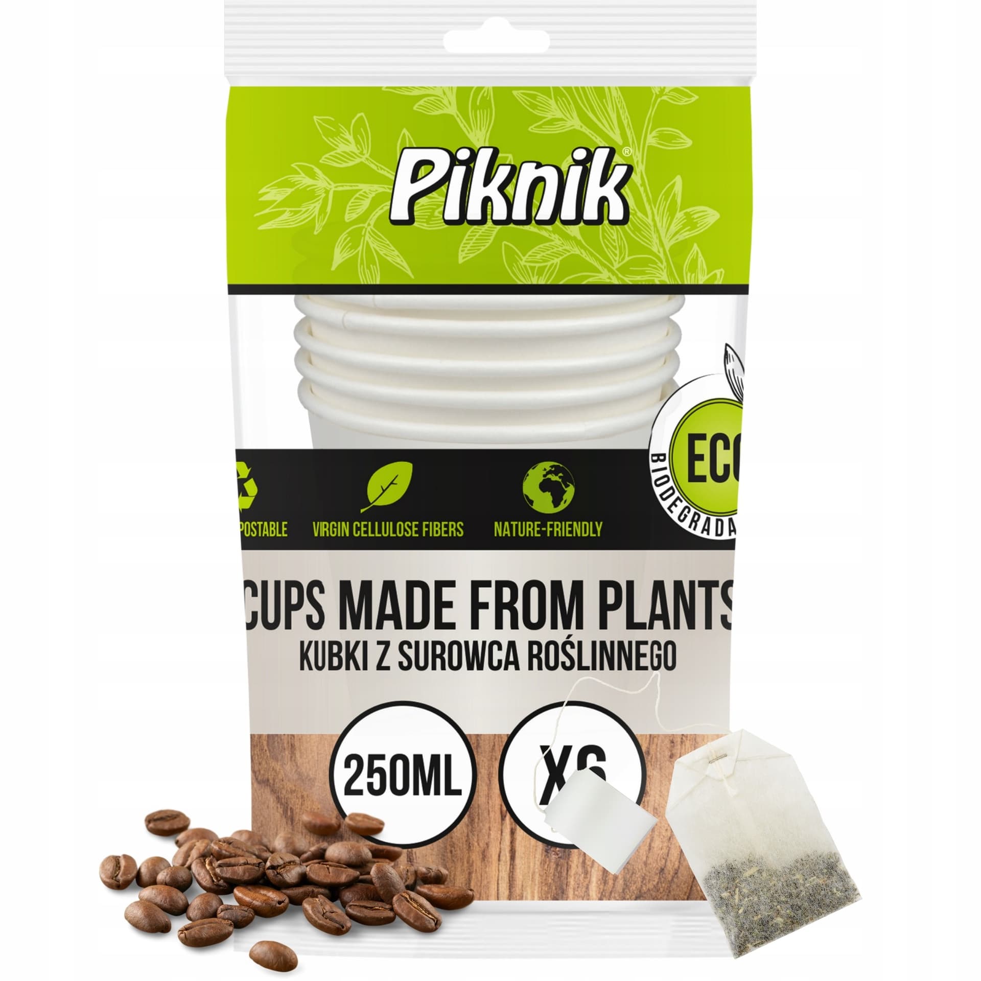 PIKNIK Kubki celulozowe białe 250ml 6 sztuk