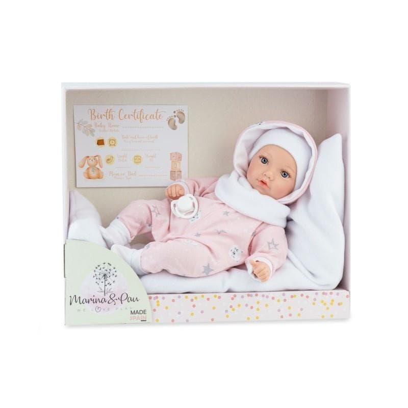 Lalka hiszpańska Noa Reborn z pościelą 40cm