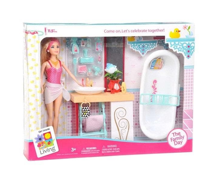 Lalka typu Barbie z mebelkami łazienkowymi i akcesoriami