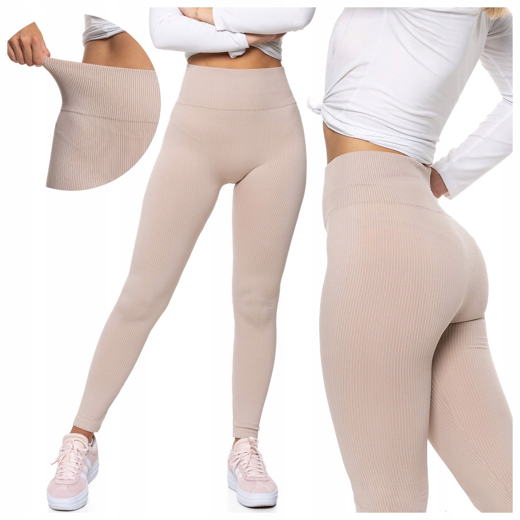Legginsy damskie prążkowane szaro-beżowe rozmiar M