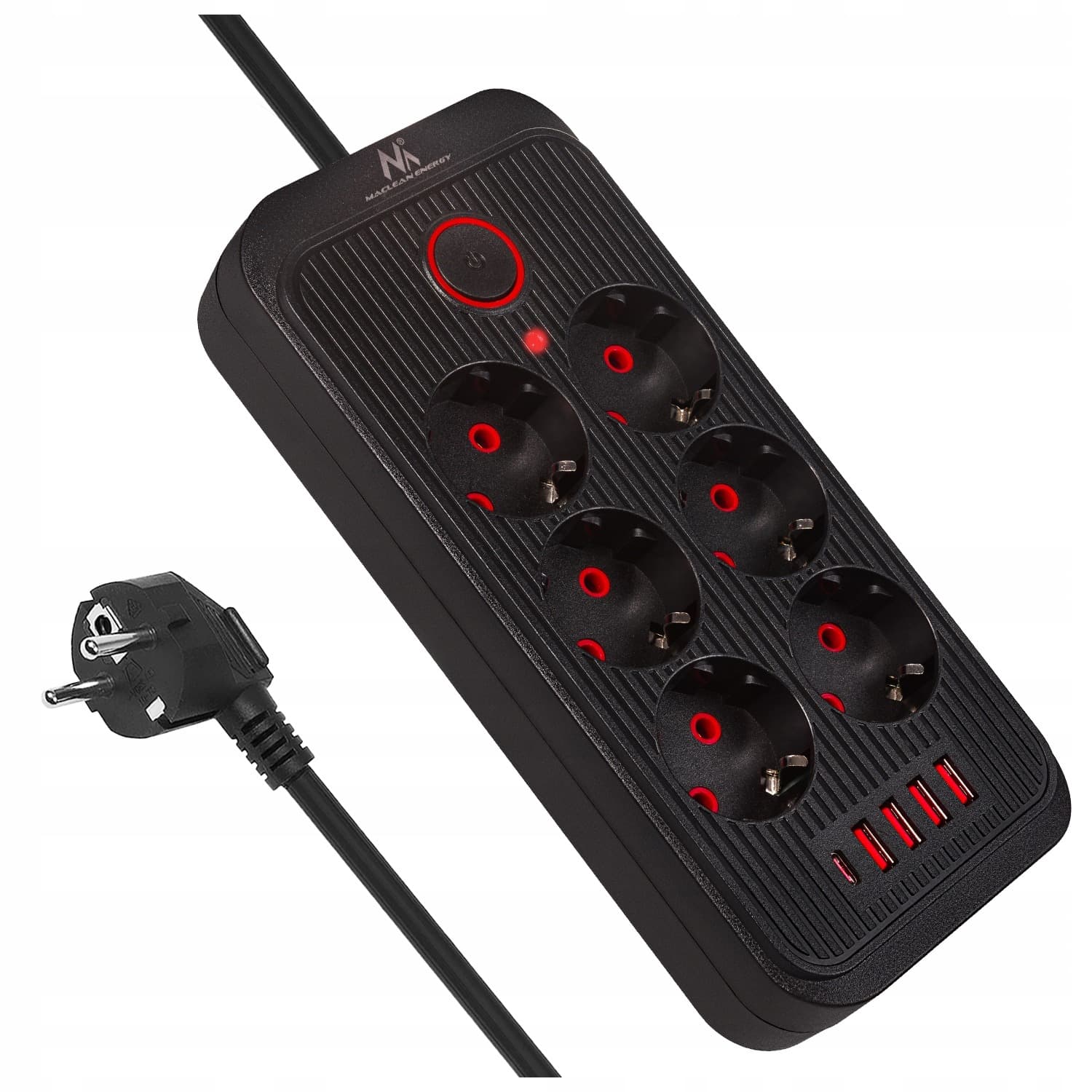 Maclean Listwa Zasilająca 6 Gniazd + 4xUSB 2.1A 2500W 1.5m Czarna
