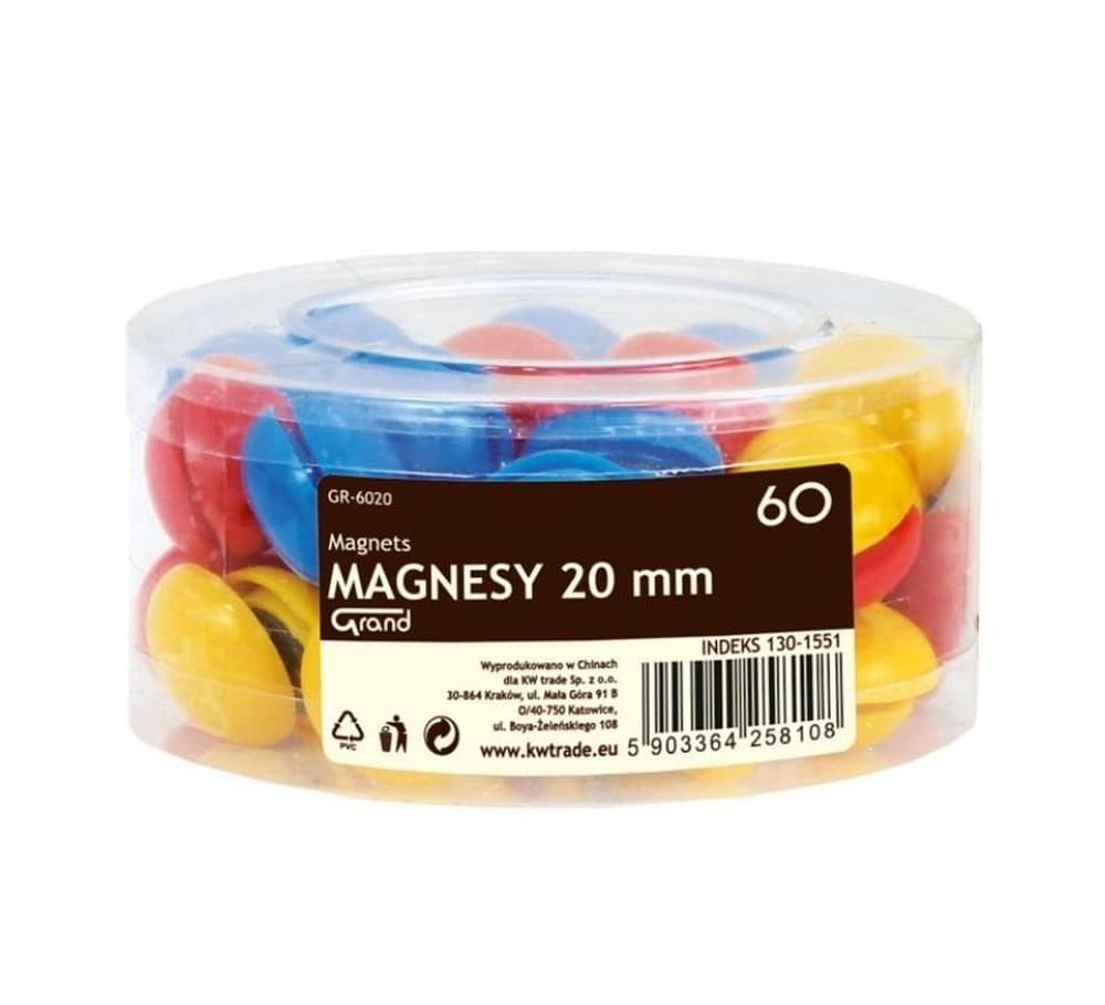 Magnesy kolorowe, 20 mm, 60 sztuk