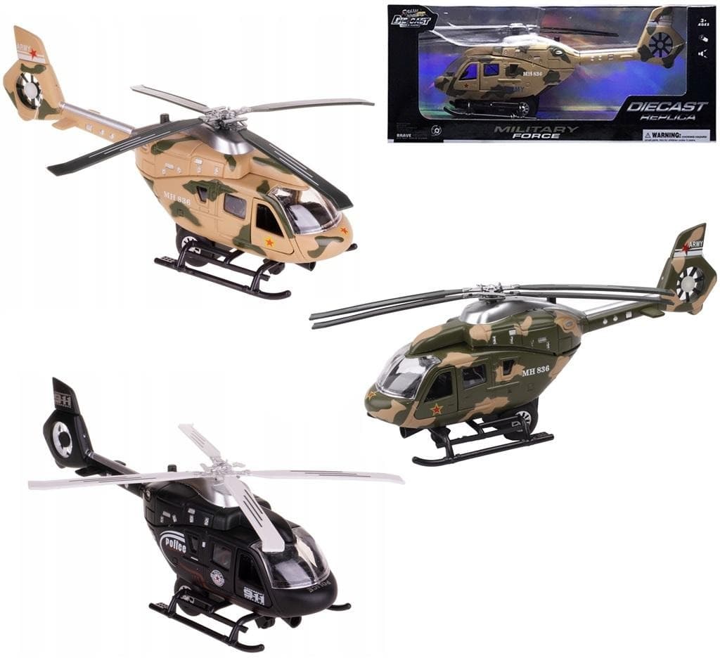 Metalowy helikopter z napędem pull back, światłem i dźwiękiem