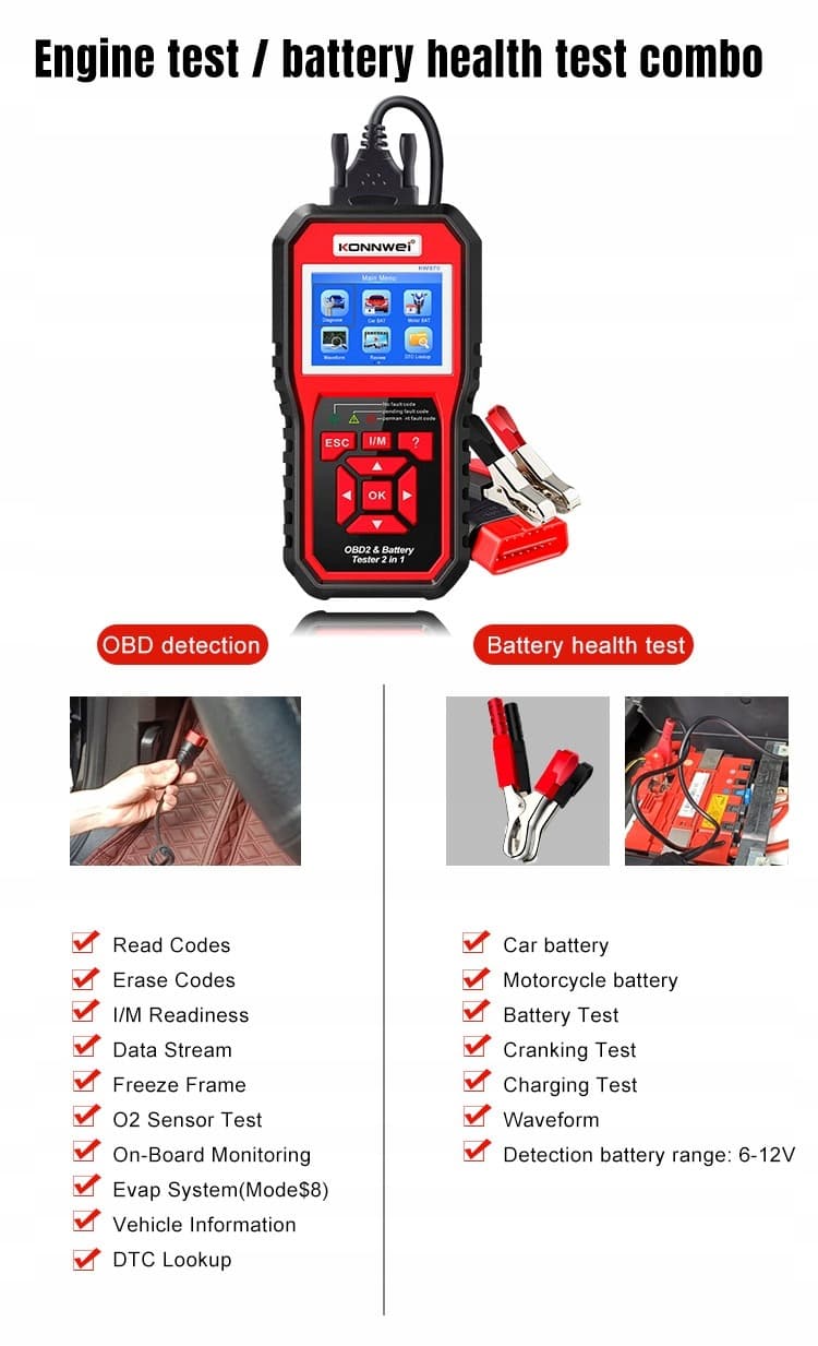Miernik Diagnostyczny Skaner OBD2 Tester Baterii Konnwei KW870