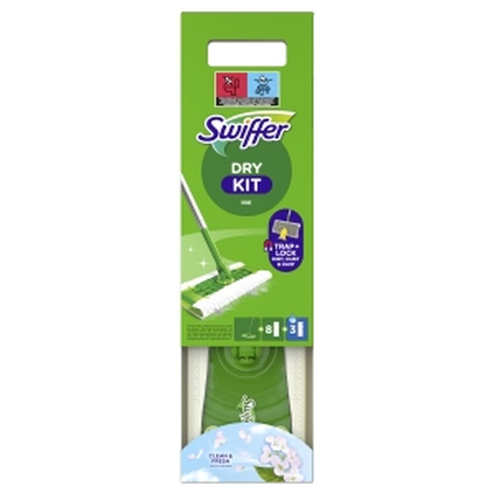 Swiffer Dry + Wet Kit - Zestaw: 1 mop, 8 suchych chusteczek oraz 3 mokre ściereczki.