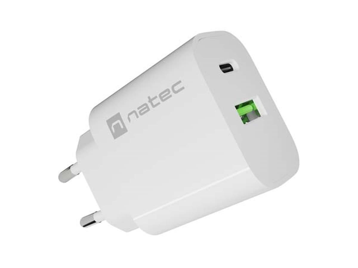 NATEC Ładowarka Sieciowa Ribera 1x USB-A + 1x USB-C, 20W, PD 3.0, Biała
