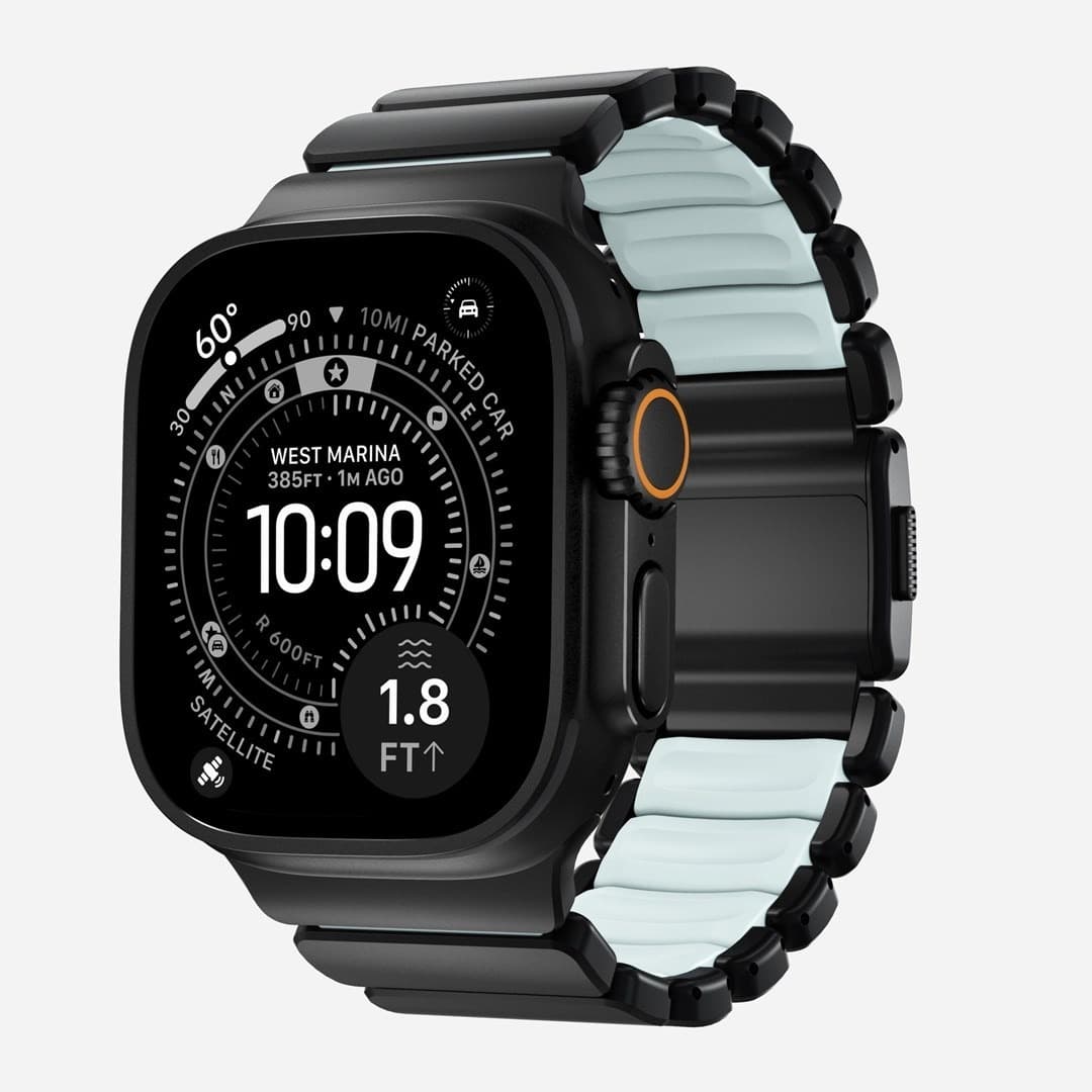 NOMAD Stratos Band - Tytanowa Bransoleta do Apple Watch 49mm z FKM (Czarny Tytan, Icy Blue Glow FKM)