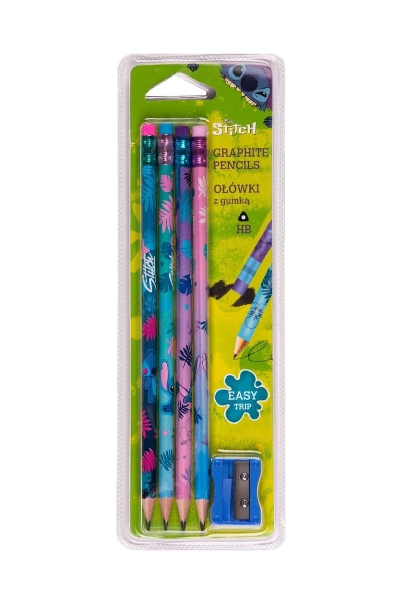 Ołówki trójkątne z gumką i temperówką Disney Core Stitch blister 4 szt.