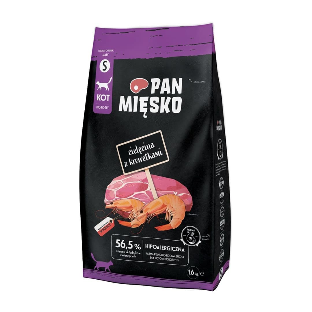 Pan Mięsko Cielęcina z krewetkami sucha karma dla kota małe chrupki 1,6 kg