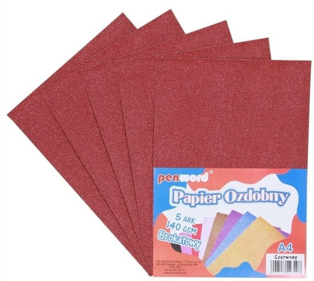 Papier ozdobny brokatowy A4 czerwony 5 arkuszy