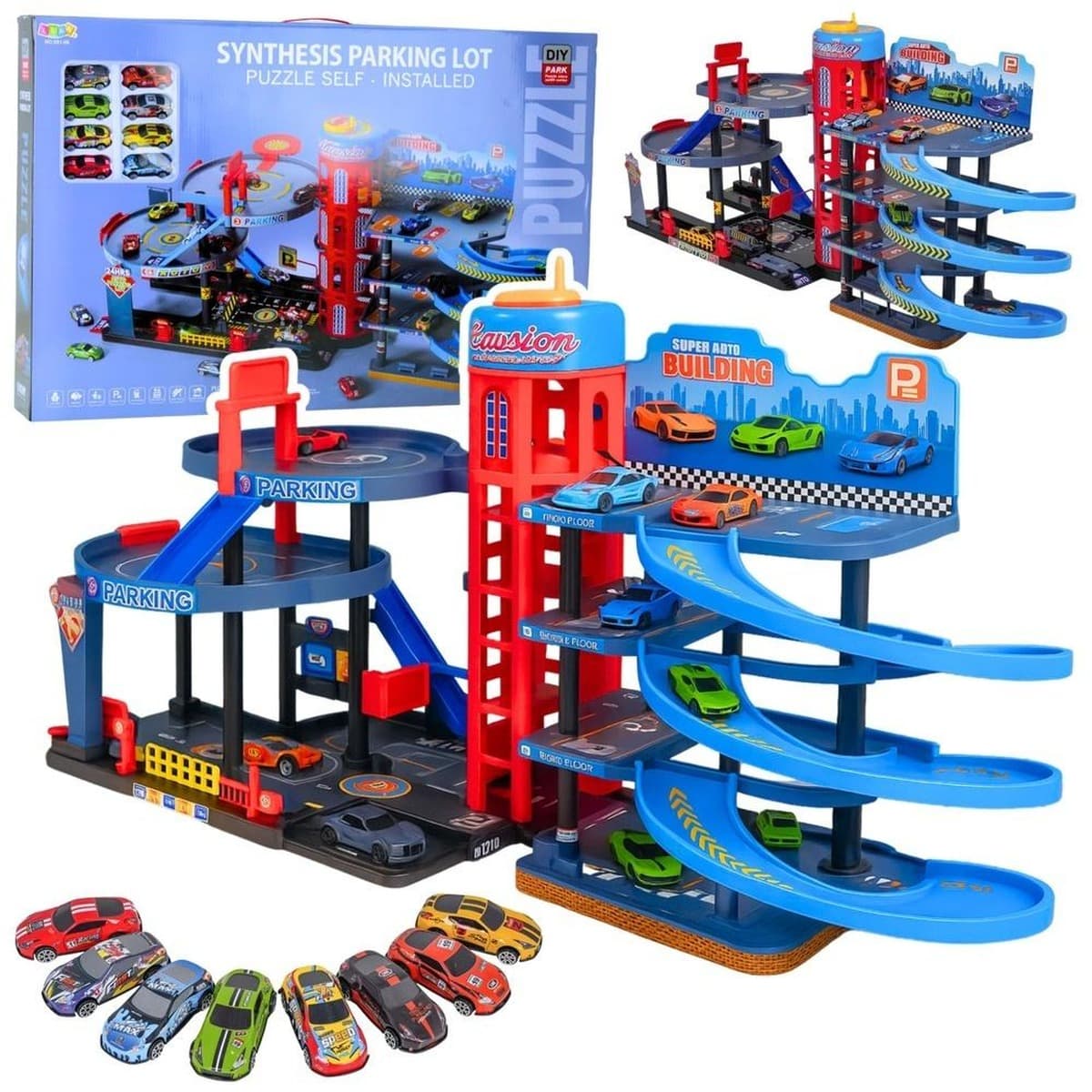 Parking 4-poziomowy z torami i 8 metalowymi autkami