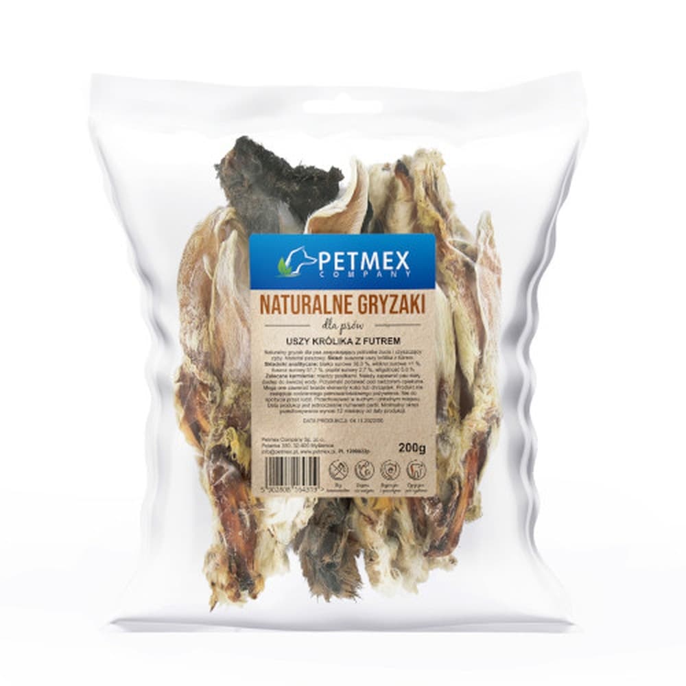 PETMEX Uszy Królika z futrem 200g - naturalny gryzak dla psa